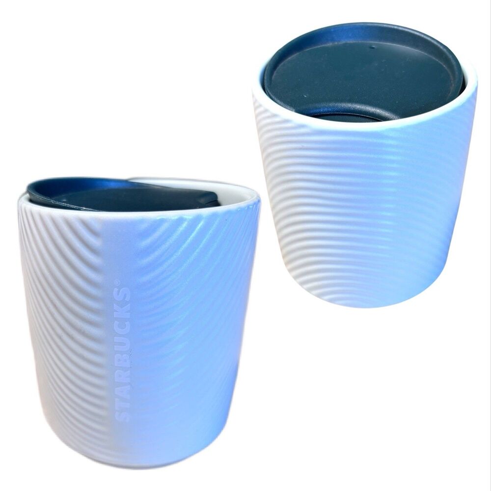 2 Starbucks Mint Green Pearl Pearlescent Ribbed Ceramic Coffee Tumbler Mug 8 oz